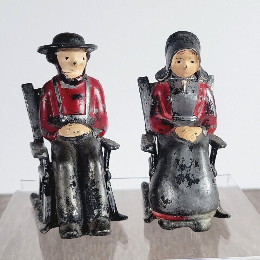 Vintage Cast Iron Amish Man Woman in Rocking Chairs Salt & Pepper Shaker | Corks